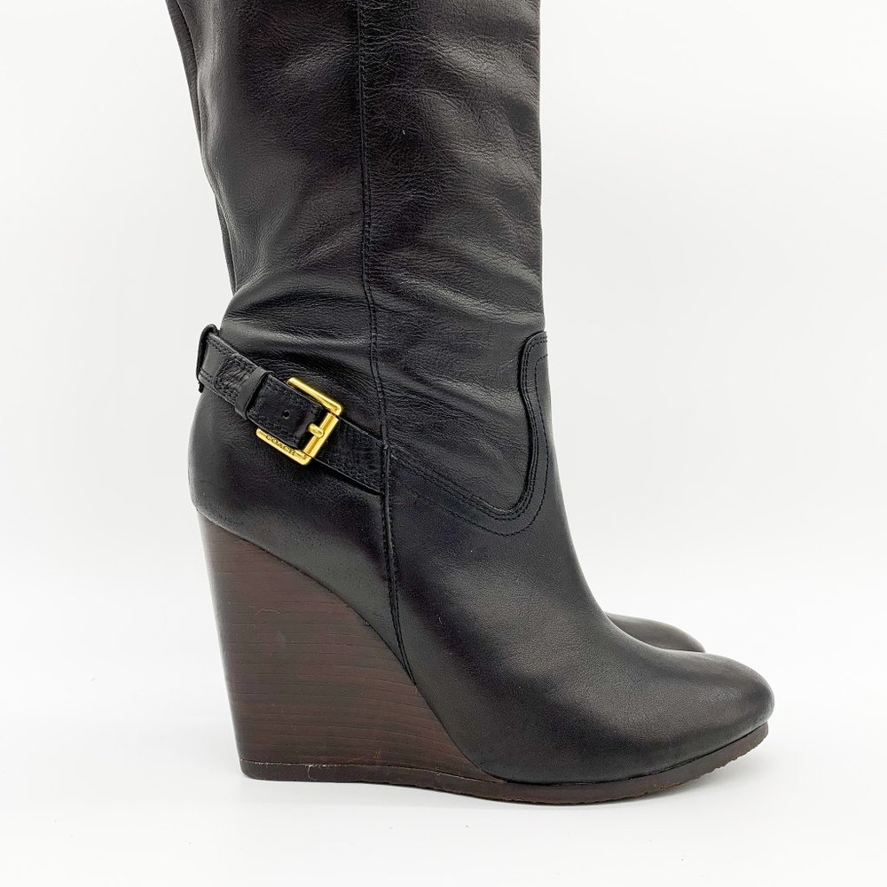 COACH Dorthy Wedge Boots Black Leather Round Toe - Picture 2 of 13